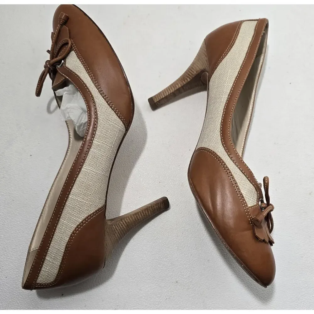 Brooks Brothers Spectator Heels Fringe & Bow Cognac/Natural Sz 7.5 M